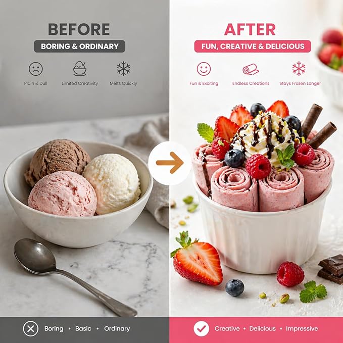 Ice Cream Roller Maker, At Home Rolled Ice Cream Maker Machine, Dairy Free & Frozen Yogurt Maker, Electric Free Countertop Ice Cream Machine with Spade for Rolls, Sorbet & Frozen Yogurt (White)
