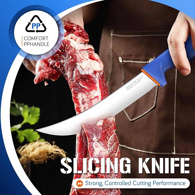 DRAGON RIOT Premium Butcher Breaking Knife 8 Inch, Curved Caving and Slicing Knife in High Carbon Stainless Steel,Razor Sharp Birsket Knives,Cimeter Breaking Blade for Meat Cutting,Ideal Gift for Men