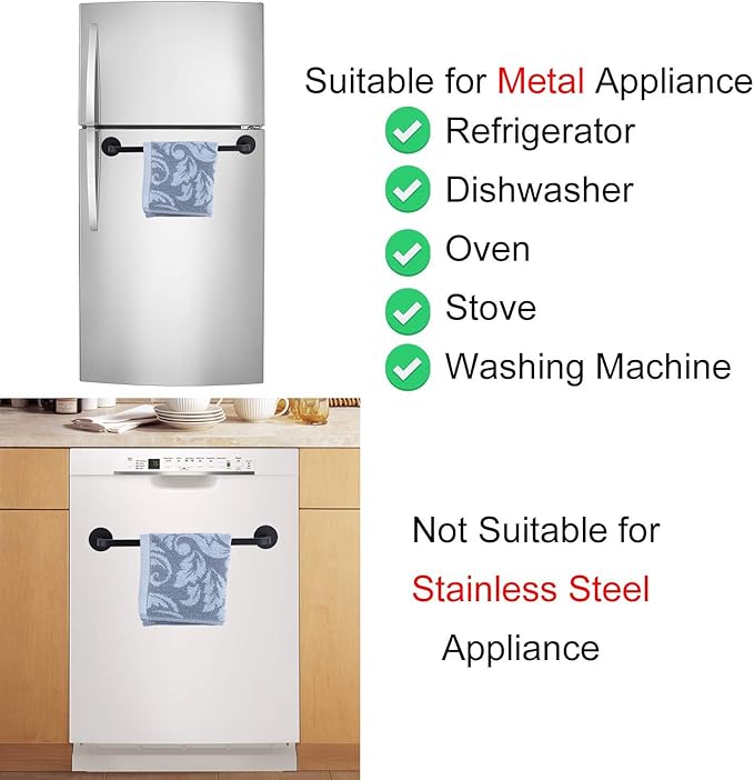 Magnetic Towel Bar for Refrigerator, Magnetic Towel Holder Towel Hook Hanger for Fridge, Kitchen Stove, Oven, Dishwasher, Sink Laundry Washing Machine Black 1 Pack