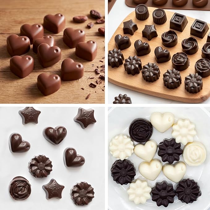 6 Pack Chocolate Molds Candy Molds Silicone, Food-Grade Non-Stick Jelly Mold, Crayon Mold, Silicone Baking Mold BPA-Free, including Flower, Heart, Star, Round, Square, and Swirl