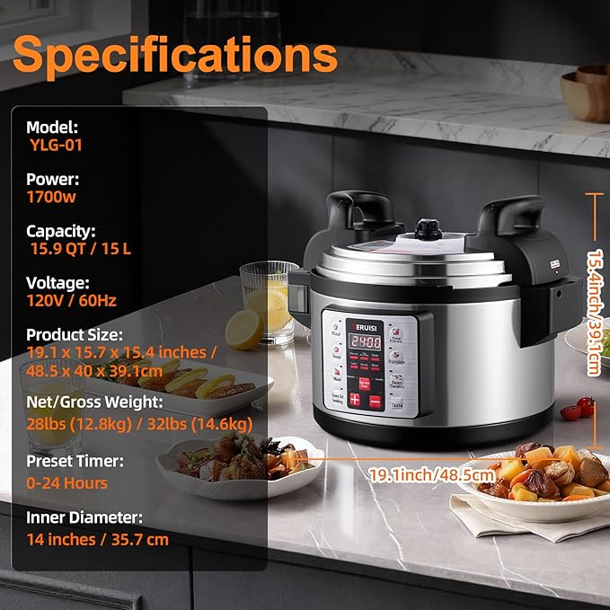 15.9QT/15L Commercial Pressure Cooker, 8-in-1 Multifunctional Large Pressure Cookers, 1700W Electric Pressure Canner with Non-stick Inner Pot, Slow Cooker Rice Maker for 25-35 People Use