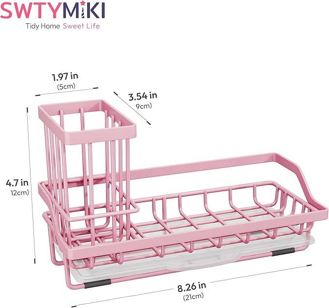 SWTYMIKI Sink Caddy Sponge Holder - Kitchen Sink Organizer with High Brush Holder for Countertop to Hold Dish Soaps and Sponges, Stainless Steel, Pink