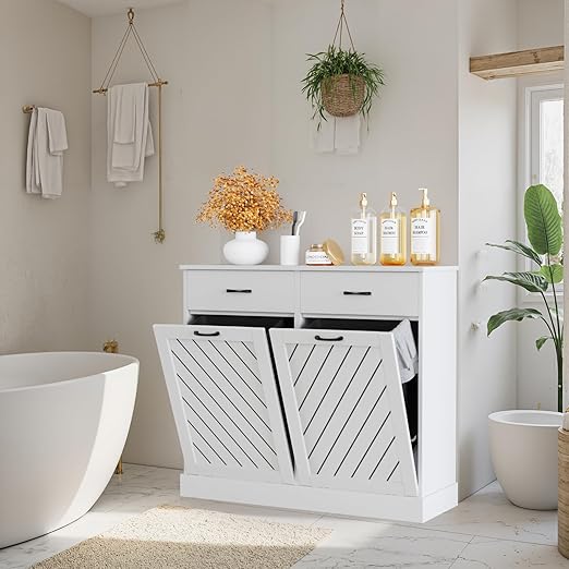 Double Tilt-Out Trash Can Cabinet, 2x13 Gallons Hidden Garbage, Hidden Kitchen Trash Cabinet with Storage Drawer, Pet-Proof Wooden Garbage & Recycling Cabinet for Kitchen, Laundry & Living Room, White