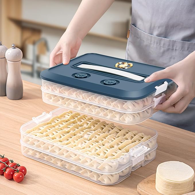 Food Storage Containers with Lids, Plastic Cookie Storage Containers Airtight, 4-Layer Stackable Food Containers Dumpling Storage Box, Blue