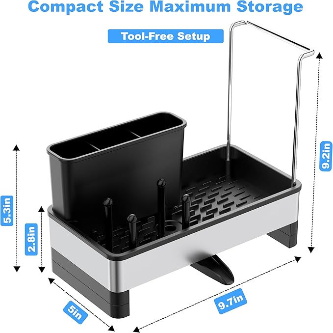 Kitchen Sink Caddy Organizer, Stainless Steel Sponge Holder, Kitchen Caddy Sink Organizer with Dish Brush Holder and Dishcloth Rack, Rustproof Dish Sponge Drying Rack for Countertop Storage