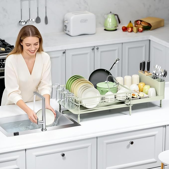 Urackify Large Dish Drying Rack, Expandable Dish Racks for Kitchen Counter, Multifunctional Dish Drainer with Utensil Holder & Cup Holder, 18.5"-26.7" L x 12.7" W, Soft Celery Green