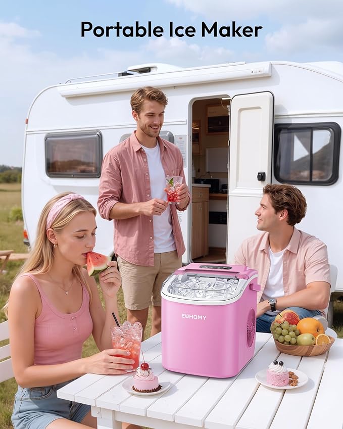 EUHOMY Countertop Ice Maker Machine with Handle, 26lbs in 24Hrs, 9 Ice Cubes Ready in 6 Mins, Auto-Cleaning Portable Ice Maker with Basket and Scoop, for Home/Kitchen/Camping/RV. (Pink)