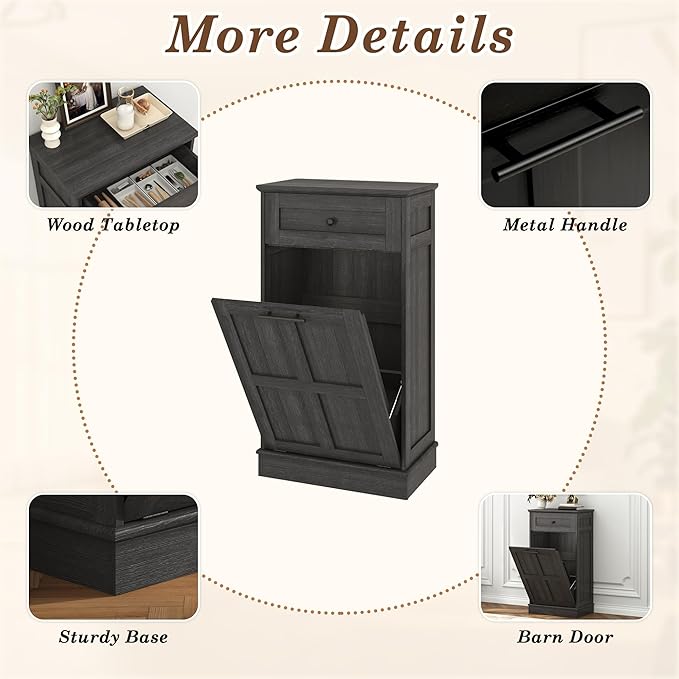 chartustriable Farmhouse Tilt-Out Trash Can Cabinet,13 Gallon Laundry Hamper with Drawers, Wooden Hidden Garbage Can Cabinet w/Storage for Kitchen & Living Room, Dark Grey