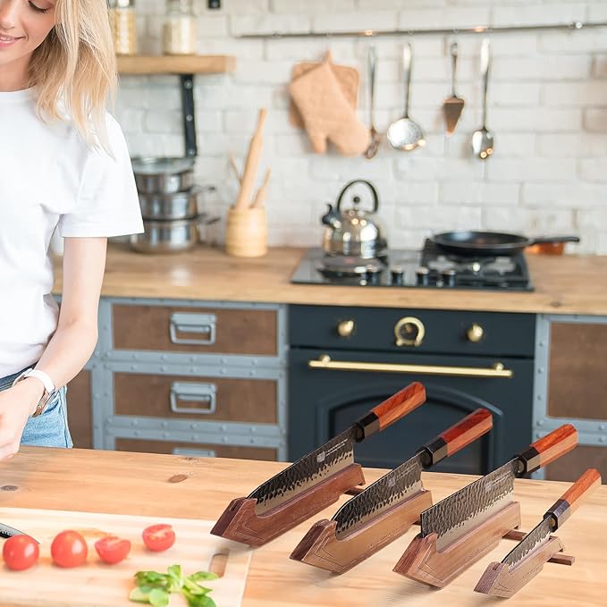 FINDKING Kitchen Knife Set with Individual Wooden Blocks, 4 Japanese Knives with Walnut Edge Guards, High Carbon Steel Blades, for Meat, Fruits, Vegetables, Dynasty Series