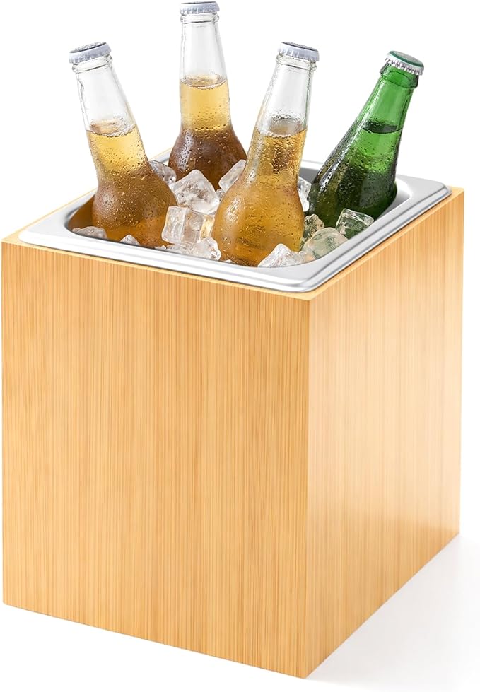 Ice Housing Bin with Removable Tray Ice Holder Container Wine Beer Champagne Drink Bucket Beverage Tub for Freezer Display Buffet Bar Counter Party Drink Chiller(Bamboo and Steel,7.9" X 7.7" X 7.23")