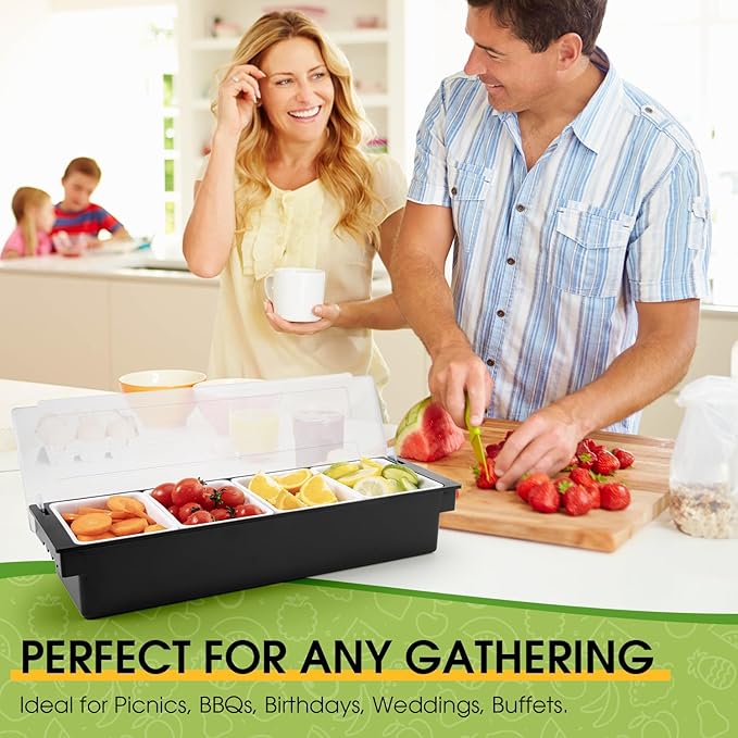 Fruit, Veggie & Condiment Caddy with Lid Dispenser Tray Garnish Station for Bartending & Serving Taco (1, 4 Compartment)