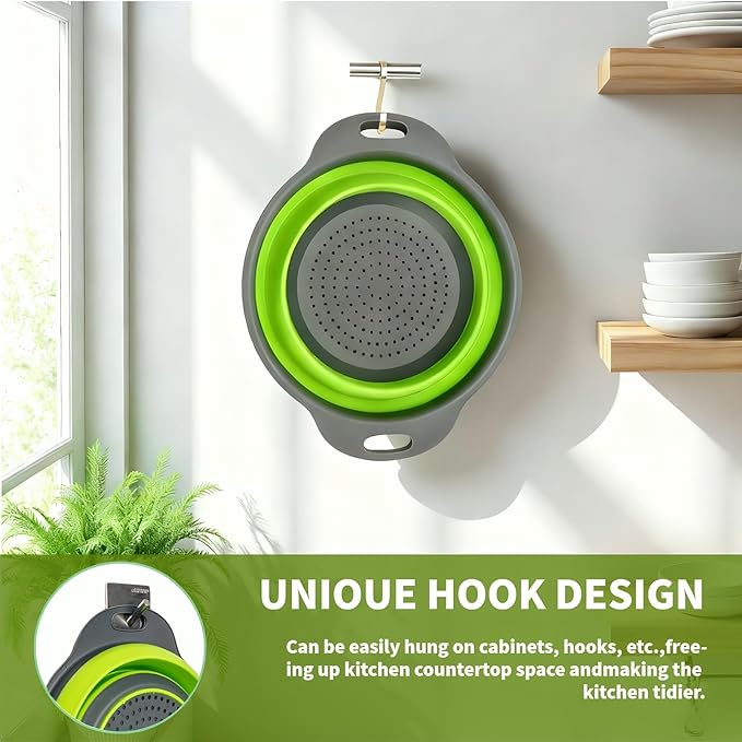 Silicone Colander Collapsible Strainers Set for Kitchen- 2 Pack (5Qt) -Over Home Draining Basket, Food Vegetables & Fruits-Dishwasher Safe, Space Saving Design (Greeen)