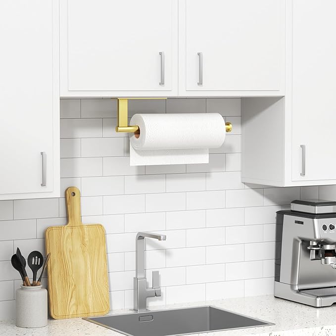 Paper Towel Holder Under Cabinet - Stainless Steel Paper Towel Holder Wall Mount, Self-Adhesive or Drilling, Matte Gold Towel Rack for Kitchen Organization and Storage, Kitchen Paper Roll Holder