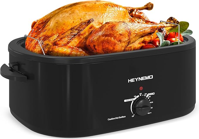 28 Quart Electric Roaster Oven with Visible & Self-Basting Lid, Large Turkey Roaster with Defrost Warm Function, Adjustable Temperature, Removable Pan Rack, Stainless Steel, Black
