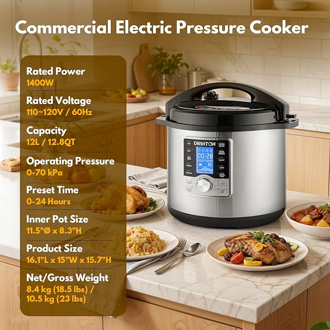 12 L/12.8 QT Commercial Pressure Cooker, 10-in-1 Pressure Cooker with Non-Stick Pot, 1400W Electric Pressure Pot with LCD Display, Slow Cook, Keep Warm, 24H Timer for 18-28 People Use