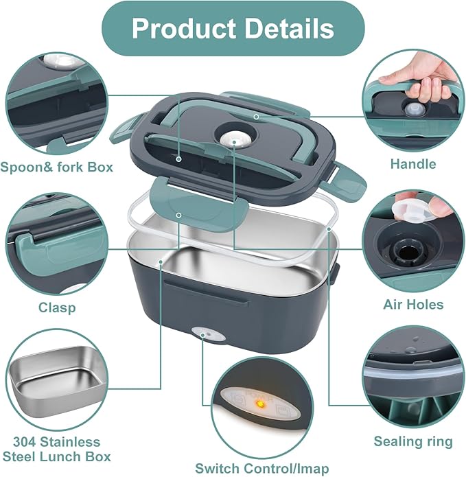 Herrfilk Electric Lunch Box Food Heater, 3 in 1 Ultra Quick Heated Lunch Boxes for Adults, 12V/24V/110V Portable Food Warmer for Car/Truck/Office With Fork Spoon and Insulated Carry Bag