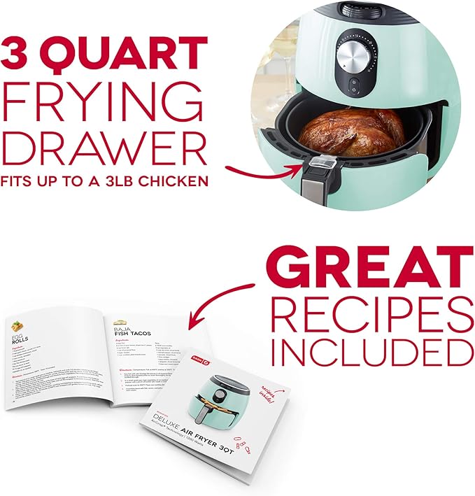 Dash Deluxe Air Fryer -Has AirCrisp® Technology - Adjustable Temperature Control & Auto Shut-Off Feature - Compact Nonstick Basket - 3 Quarts - Aqua
