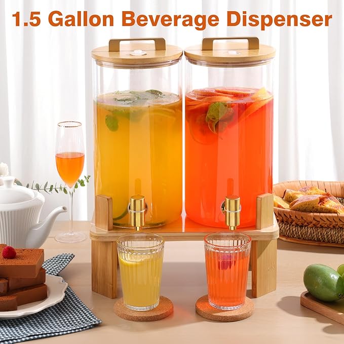 1.5 Gallon 2PCS Glass Drink Dispenser for Parties,Beverage Dispenser with Wooden Stand, Lemonade Dispenser,Juice Containers & Water Pitcher with Lid for Lemonade, Iced Tea and Party Drinks