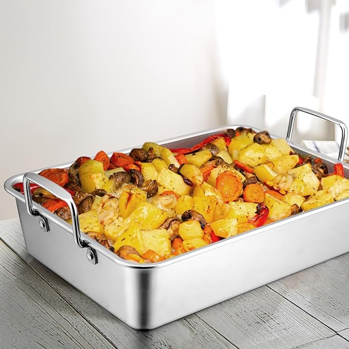 LIANYU 14 Inch Roasting Pan, Turkey Roaster with 2 Racks, Heavy Duty Stainless Steel Deep Broiling Lasagna Pan for Turkey, Chicken, Dishwasher Safe