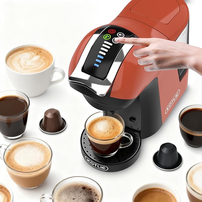 KOTLIE EM-308B Espresso Machine, Single Serve Coffee Maker Compatible with Multiple Capsule Types, Ground Coffee, and ESE Pods, 3 Temperatures, 7 Water Volume Levels, 34 Oz (Orange)