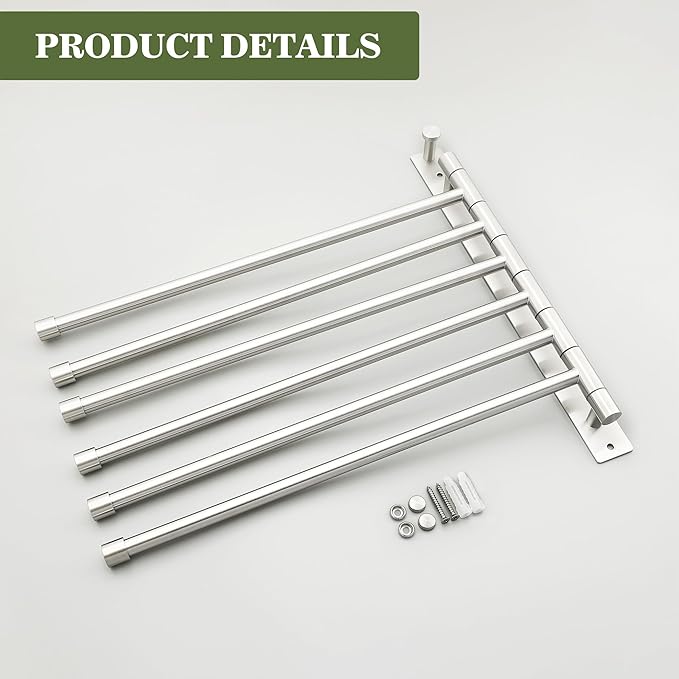 Alise Swivel Towel Rack, SUS304 Stainless Steel 6 Arms Towel Bar, Space Saving Swing Out Towel Bar with Hook, Towel Racks Wall Mounted for Bathroom, Brushed Nickel