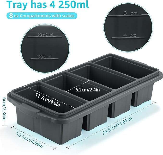 Ztomine Silicone Freezer Tray With Lid - Silicone Freezer Food Molds- Large Ice Cube Tray,Silicone Freezer Container,Freeze & Store Soup, Sauce, Broth,Leftovers - Makes 4 Perfect 1 Cup