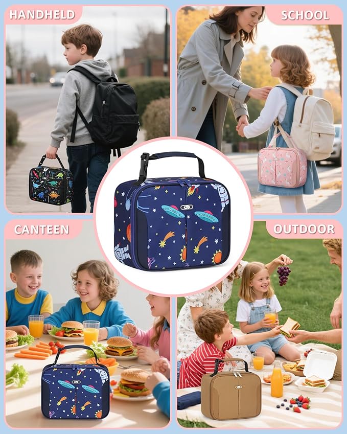 Capolo Insulated Lunch Box for Kids, Cute Thermal Lunch Bag for School, Reusable Lunch Tote for Boys and Girls, Durable Cooler Bag with Easy Grab Handle, Lightweight and Easy to Clean,Deep Blue Space