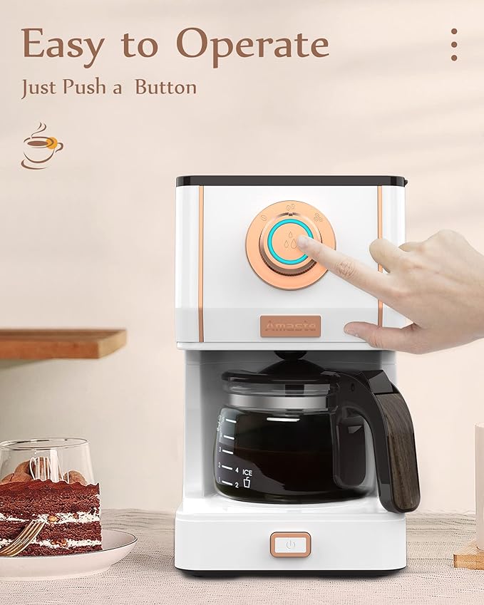 Amaste Retro Style Coffee Machine with 25 Oz Glass Coffee Pot, Reusable Coffee Filter & Three Brewing Modes, Warming Plate, Elegant White with Rose Gold