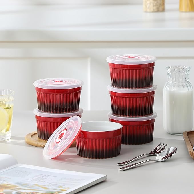 vancasso 6 oz Ramekins with Lid, Porcelain Creme Brulee Souffle Dishes, Red Pudding Custard Cups Ramiken for Baking, Dishwasher and Oven Safe, Set of 6
