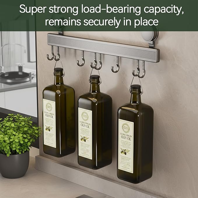 8 Hooks Aluminum Kitchen Rack, No Drilling Wall Mount, Strong Adjustable Suction Cup Hooks for Organizing Kitchen Utensils, Spatulas, Mugs, and Cutlery (Grey, 40cm)