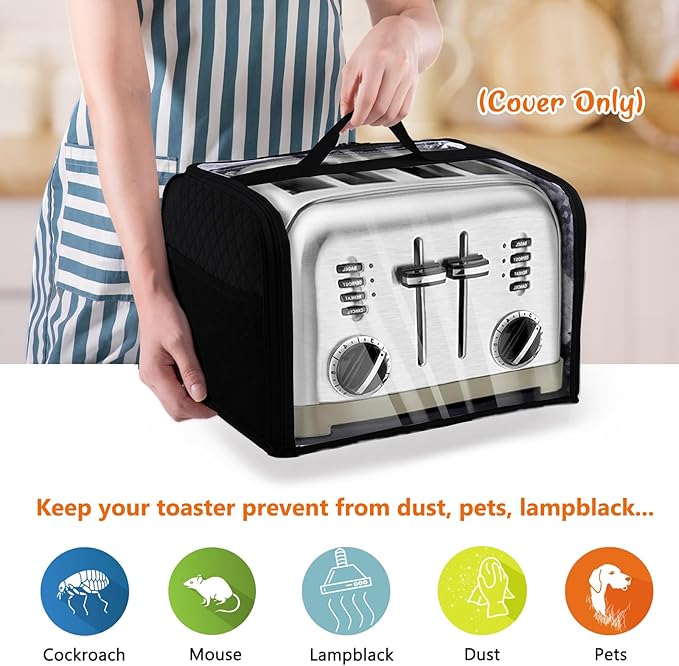 BAGSPRTIE Toaster Cover for 4 Slice Wide Slot, Full Open Dust Covers for Kitchen Appliances Compatible with Cuisinart, BELLA, Black and Decker 4 Slices, Toaster Bags with Zipper Closure (Cover Only)