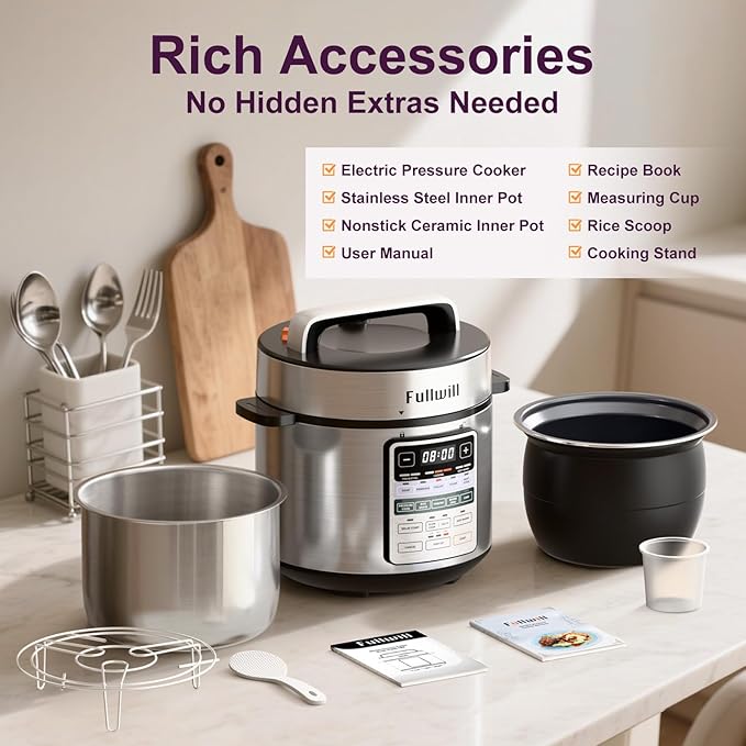 Fullwill Dual-Pot Electric Pressure Cooker 6+5QT, 12-in-1 Multi-Cooker for Pressure Cooking, Soup, Yogurt, Stew, Rice๏ผSuitable for family meals and gatherings