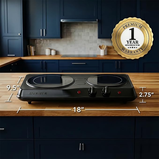 OVENTE Countertop Infrared Double Burner, 1700W Electric Hot Plate and Portable Stove with 7.75" and 6.75" Ceramic Glass Cooktop, 5 Level Temperature Setting and Easy to Clean Base, Black BGI102B
