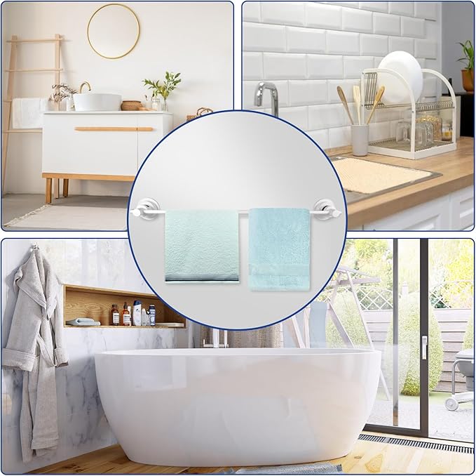 SLIIMU Suction Cup Towel Bar for Shower with 5 Hooks, 17-28 Inch Adjustable Long Bathroom Wall Washcloth Rack,Extendable Glass Shower Door Suction Rag Holder,Towel Rod for Bath Kitchen (White)