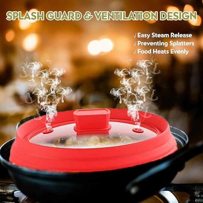 Collapsible Microwave Splatter Cover, Glass Silicone Foldable Microwave Lid for Food, 10.8 Inch Grease Splatter Guard for Pots, Pans & Bowls, Red