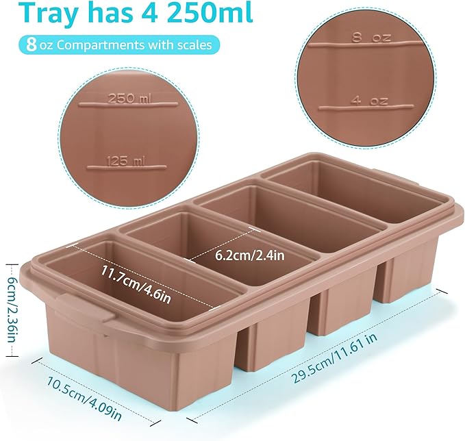 Ztomine Silicone Freezer Tray With Lid - Silicone Freezer Food Molds- Large Ice Cube Tray,Silicone Freezer Container,Freeze & Store Soup, Sauce, Broth,Leftovers - Makes 4 Perfect 1 Cup