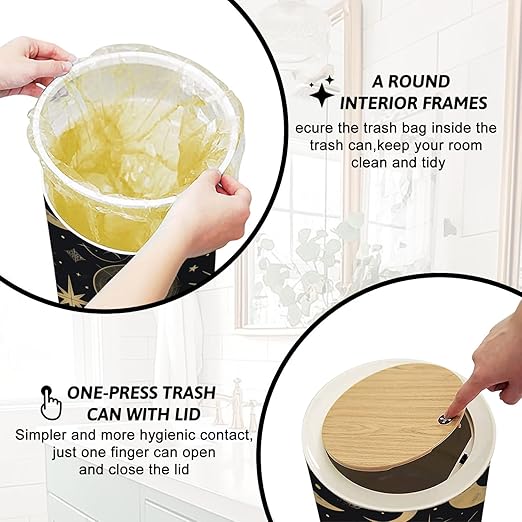 Trash Can with Lid Magic seamless pattern sun constellations moons stars Gold decorative Press Top Round Small Garbage Bin with Wooden Legs Waste Basket for Kitchen Bedroom Nursery 7L/1.8 Gallon