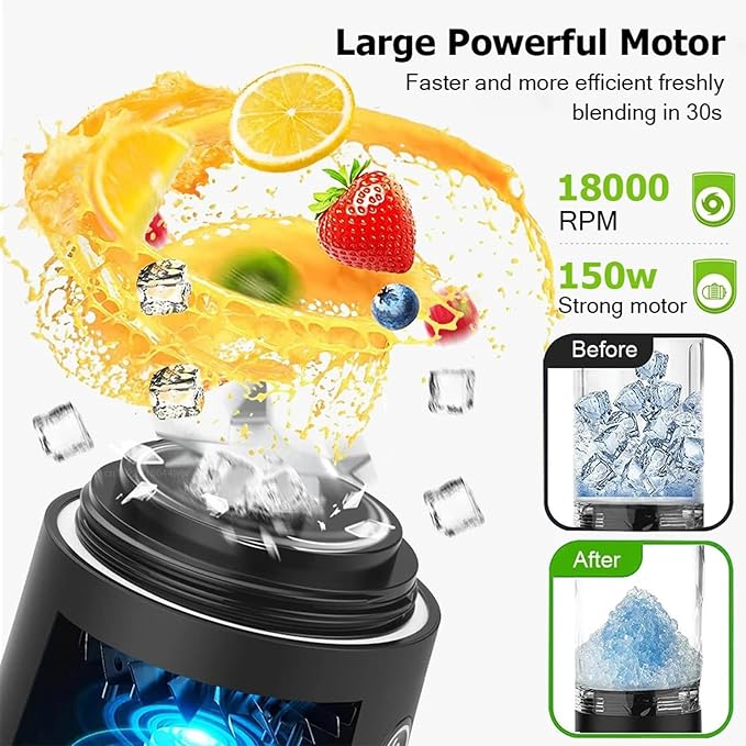 20oz Portable Blender, 240W USB Rechargeable Smoothie Blender with LED Display, Pulse & Blend Modes, IPX7 Waterproof, BPA-Free,Travel Juicer for Shakes, Ice Crushing, Sports & Outdoor Black