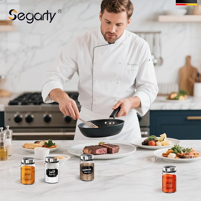 Segarty 5oz Glass Spice Jar with Shaker Lids Scale Lines, 1pc Clear Empty Seasoning Bottle for Condiments, 150ml Large Spice Container with 8 Blank Labels, 1 Chalk Pen for Herbs Organization Cabinet
