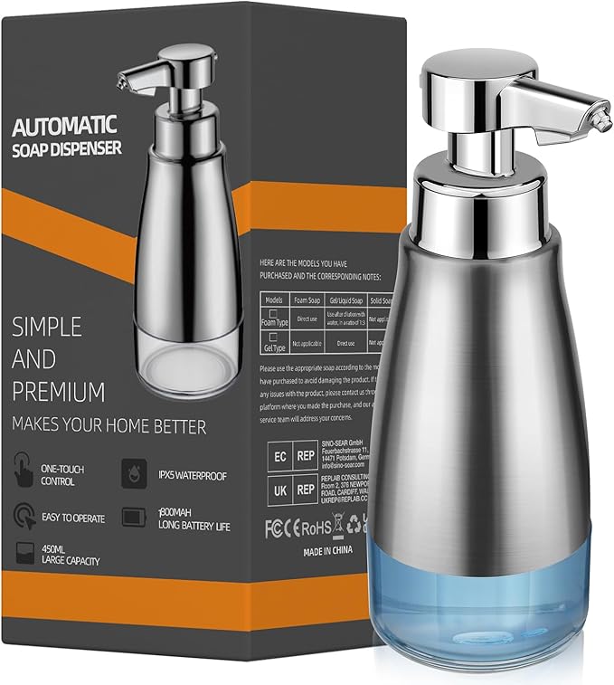 Automatic Soap Dispenser Liquid Touchless: 15oz Stainless Steel - 3 Level Adjustable Silver Rechargeable Electric Auto Smart Soap Dispenser - Bathroom Kitchen Hand Dish Lotion