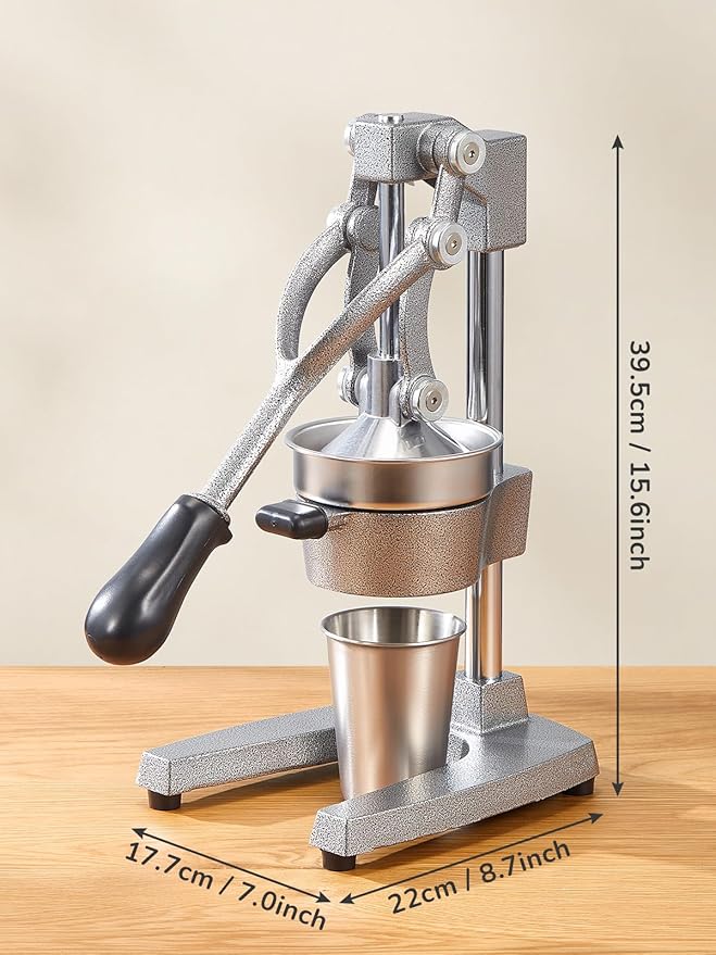 QCen Professional Cast Iron Manual Juicer, Heavy Duty Citrus Press with Stainless Steel Strainer, Easy-to-Clean Hand Squeezer for Orange, Lemon, Lime and Grapefruit - Black (Silver)