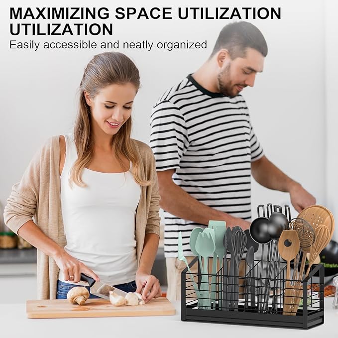 Extra Large Utensil Holder for Kitchen Counter, Kitchen Cooking Utensil Holder Organizer Kitchen Utensil Racks with Drying Base Cooking Tools Storage for Countertop Sink Cutlery Holder, 4 Compartments