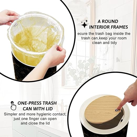 Trash Can with Lid Marble black wall surface gold graphic abstract light elegant black Press Top Round Small Garbage Bin with Wooden Legs Waste Basket for Kitchen Bedroom Nursery 7L/1.8 Gallon