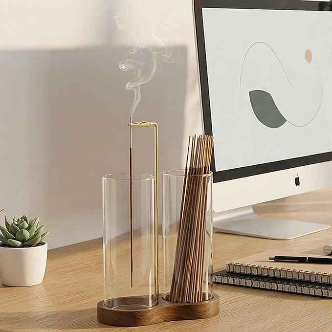 Incense Holder, 2 in 1 Wooden Incense Holder for Sticks with 20 Incense Sticks, Anti-ash Incense Burner with Glass Ash Catcher (2 Glass Ellipse Base)