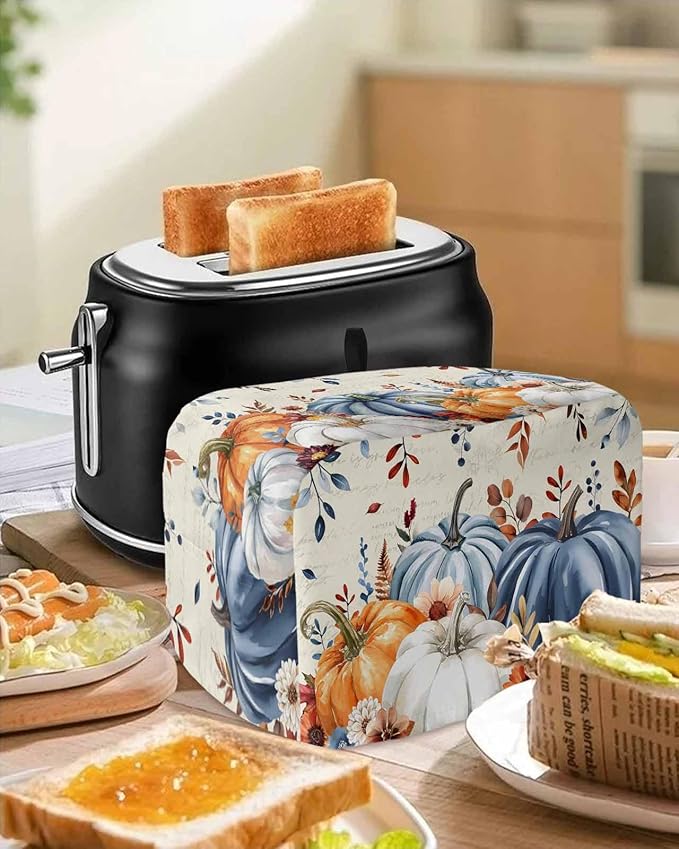 Blue White Pumpkins Fall Toaster Cover 4 Slice, Thanksgiving Leaves Dustproof Bakeware Oven Protector with Top Hook, Autumn Beige Waterproof Small Kitchen Appliance Toasters Dust Cover, 12"x11"x8"