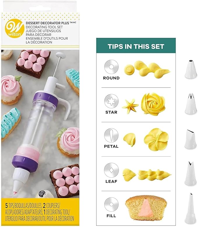 Wilton Dessert Decorator - The Kit Includes a Plunger-Style Tool,2 Couplers,1 Fill Tip,4 Decorating Tips,Plastic,White & Purple,(Pack of 12)