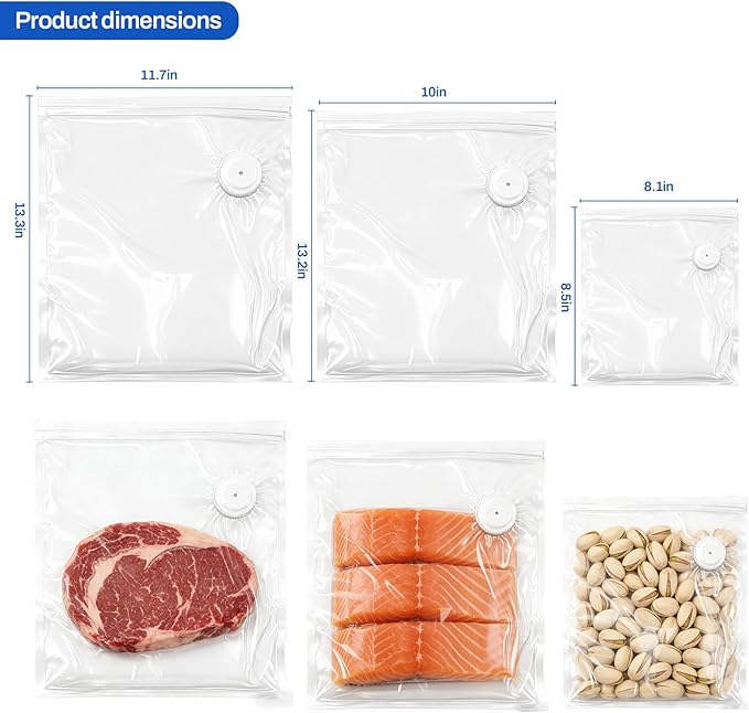 RAIN SPIRIT Reusable Vacuum Sealer Bags for Food, 60 Packs (20L&20M&20S) BPA-Free Food Storage Bags, Leakproof Sous Vide Bags for Freezer, Microwave, Dishwasher Safe, Preserve Freshness for Meal Prep