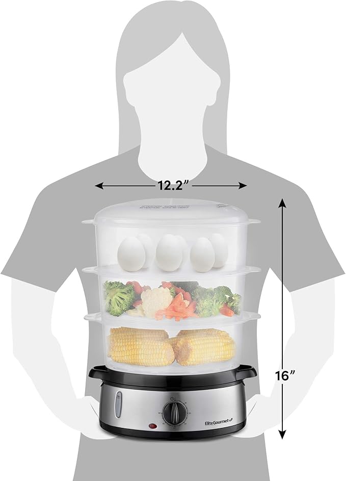 Elite Gourmet Maxi-Matic Electric Food Vegetable Steamer with BPA-Free 3 Tier Stackable, Nested Basket Trays, Auto Shut-off 60-min Timer, 800W, 9 Quart, Stainless Steel
