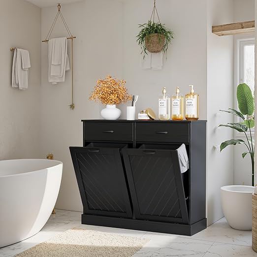 Double Tilt-Out Trash Can Cabinet, 2x13 Gallons Hidden Garbage, Hidden Kitchen Trash Cabinet with Storage Drawer, Pet-Proof Wooden Garbage & Recycling Cabinet for Kitchen, Laundry & Living Room, Black