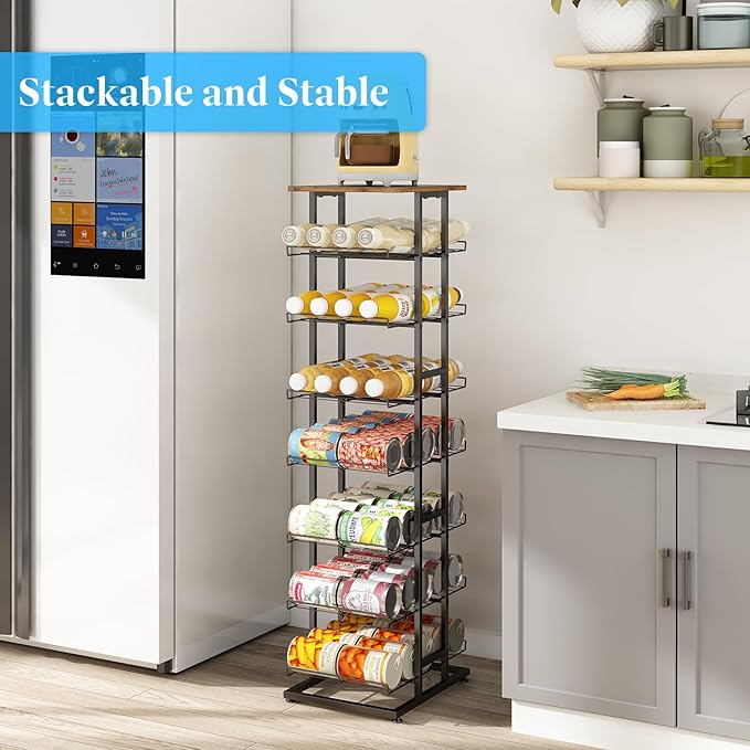 GILLAS 8 Tier with Wooden Top Water Bottle Storage with Wooden Tabletop,Metal Beverage Can Rack,Large Capacity Bottled Rack Water Bottle Holder Stand for Cabinet,Countertop Kitchen,Party,Black